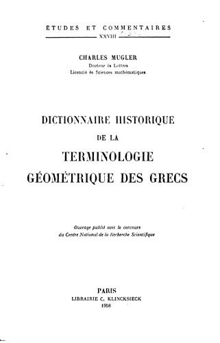 Dictionnaire historique de la terminologie géométrie des grecs
