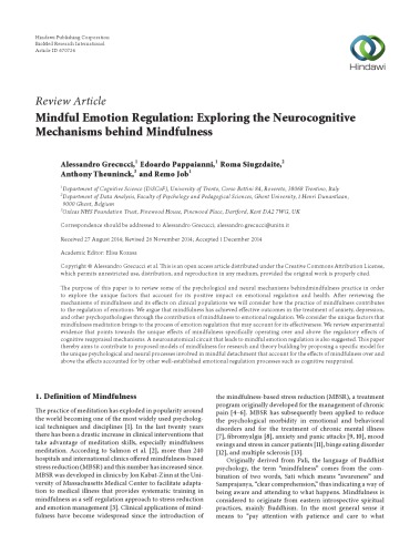 Mindfulness Emotion Regulation: Exploring the Neurocognitive Mechanisms behind Mindfulness