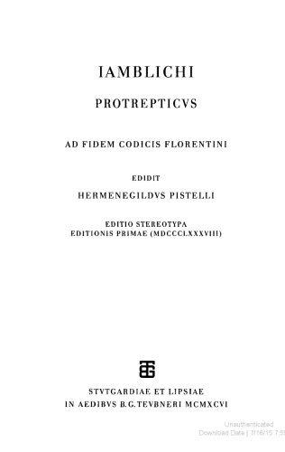 Iamblichi, Protrepticus: Ad Fidem Codicis Florentini (German Edition)