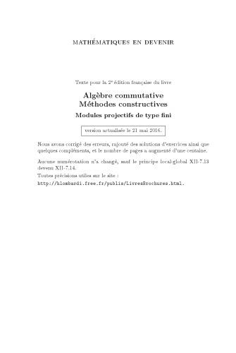 Algèbre commutative, méthodes constructives: Modules projectifs de type fini
