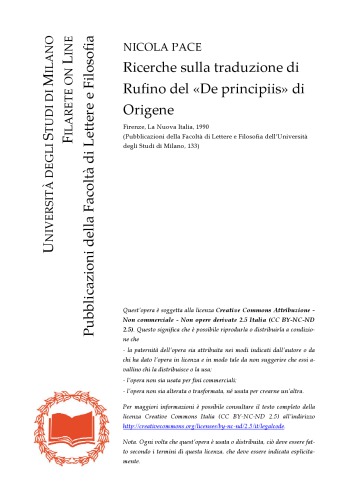 Ricerche sulla traduzione di Rufino del "De principiis" di Origene