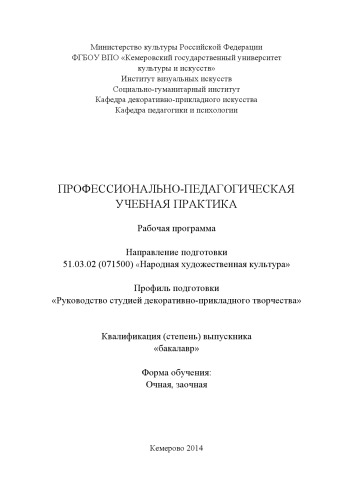 Профессионально-педагогическая учебная практика: рабочая программа по направлению подготовки 51.03.02 (071500) "Народная художественная культура", профилю подготовки "Руководство студией декоративно-прикладного творчества"