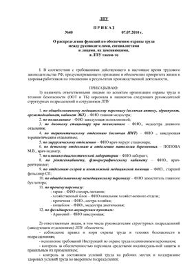 Приказ ЛПУ. О распределении функций по обеспечению охраны труда между руководителями, специалистами и лицами, их заменяющими, в ЛПУ таком-то