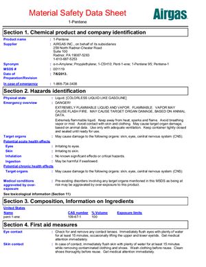 Material Safety Data Sheet for 1-Pentene - Паспорт безопасности 1-Пентена