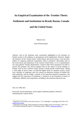 An Empirical Examination of the Frontier Thesis. Settlement and Institutions in Brazil, Russia, Canada and the United States