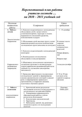 Перспективный план работы учителя-логопеда