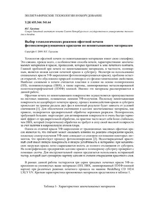 Выбор технологических режимов офсетной печати фотополимеризующимися красками по невпитывающим материалам