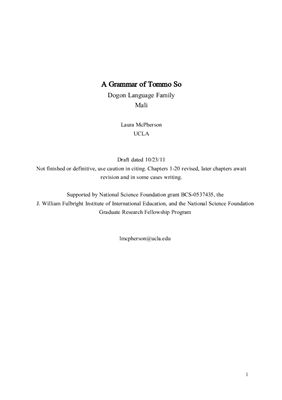 A Grammar of Tommo So. Dogon Language Family Mali