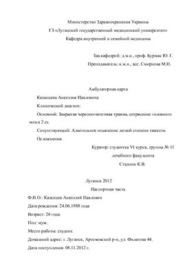 Закрытая черепно-мозговая травма, сотрясение головного мозга 2 ст. Алкогольное опьянение легкой степени тяжести