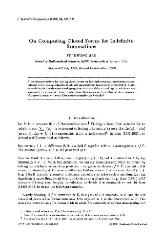 Closed forms for symbolic summation. JSC 1993