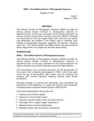 APEX-The Additive System of Photographic Exposure