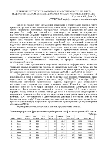Величины результатов функциональных проб в специальном подготовительном цикле подготовки юных спортсменов в гольфе : Статья