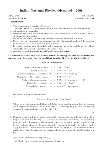 INPhO 2008 Physics Question Paper from India Indian National Physics Olympiad