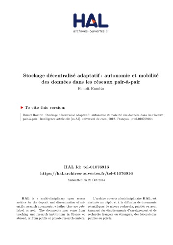 Stockage décentralisé adaptatif : autonomie et mobilité des données dans les réseaux pair-à-pair