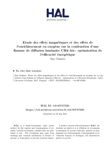 Etude des effets magnétiques et des effets de l’enrichissement en oxygène sur la combustion d’une flamme de diffusion laminaire CH4-Air : optimisation de l’efficacité énergétique