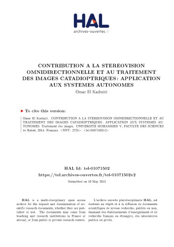 CONTRIBUTION A LA STEREOVISION OMNIDIRECTIONNELLE ET AU TRAITEMENT DES IMAGES CATADIOPTRIQUES : APPLICATION AUX SYSTEMES AUTONOMES