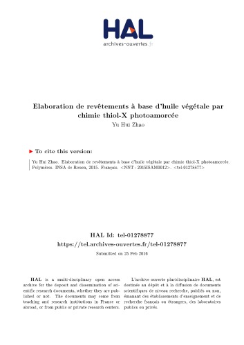 Elaboration de revêtements à base d’huile végétale par chimie thiol-X photoamorcée