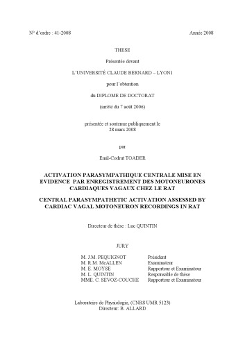 Activation parasympathique centrale mise en évidence par enregistrement des motoneurones cardiaques vagaux chez le rat