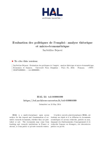 Evaluation des politiques de l’emploi : analyse théorique et micro-économétrique
