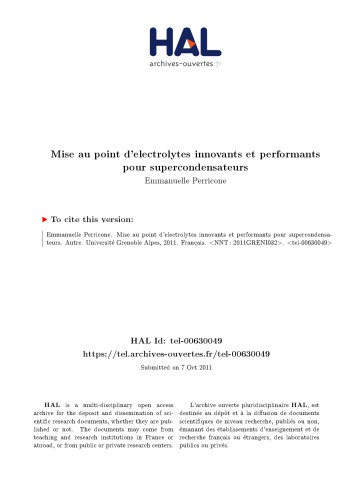 Mise au point d’electrolytes innovants et performants pour supercondensateurs