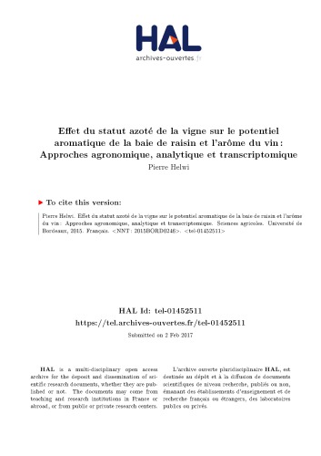 Effet du statut azoté de la vigne sur le potentiel aromatique de la baie de raisin et l’arôme du vin : Approches agronomique, analytique et transcriptomique
