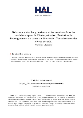 Relations entre les grandeurs et les nombres dans les mathématiques de l’école primaire. Évolution de l’enseignement au cours du 20e siècle. Connaissances des élèves actuels.