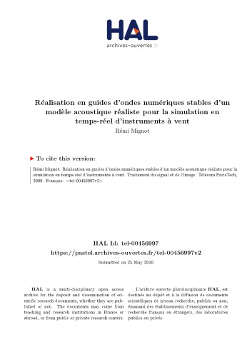Réalisation en guides d’ondes numériques stables d’un modèle acoustique réaliste pour la simulation en temps-réel d’instruments à vent