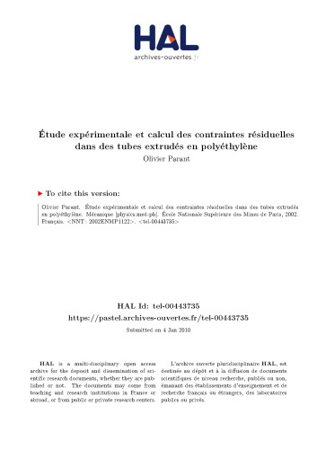 Étude expérimentale et calcul des contraintes résiduelles dans des tubes extrudés en polyéthylène
