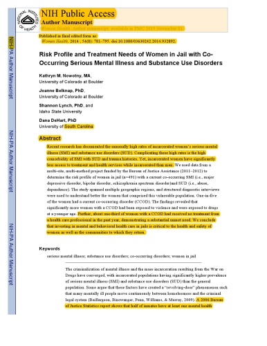 Risk Profile and Treatment Needs of Women in jail with Co-Occuring Serios Mental Illness and Substance Use Disorders