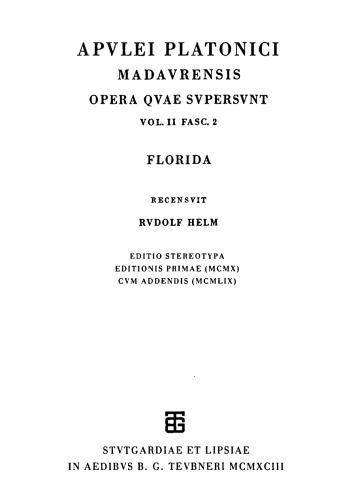 Apulei Platonici Madaurensis opera quae supersunt, Vol. II Fasc. 2 Florida