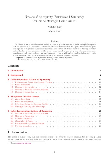 Notions of Anonymity, Fairness and Symmetryfor Finite Strategic-Form Games [draft]