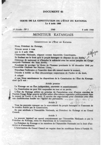 Moniteur Katangais. N° 1
