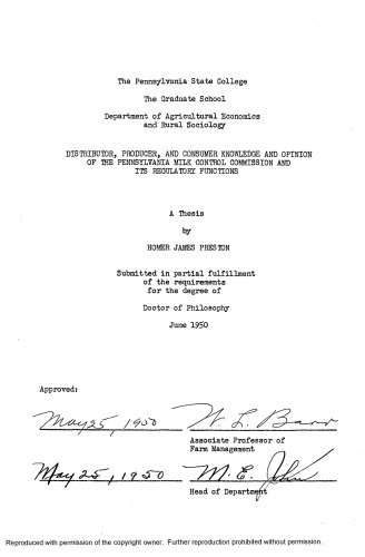DISTRIBUTOR, PRODUCER, AND CONSUMER KNOWLEDGE AND OPINION OF THE PENNSYLVANIA MILK CONTROL COMMISSION AND ITS REGULATORY FUNCTIONS