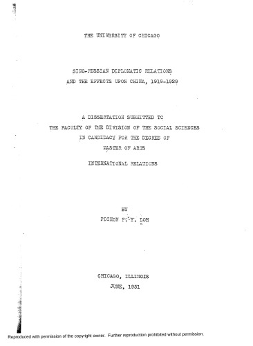 SINO-RUSSIAN DIPLOMATIC RELATIONS AND THE EFFECTS UPON CHINA, 1919-1929