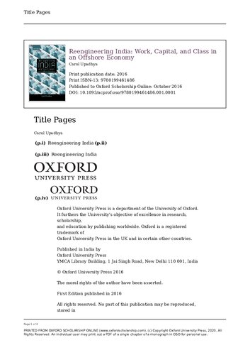 Reengineering India: Work, Capital, and Class in an Offshore Economy