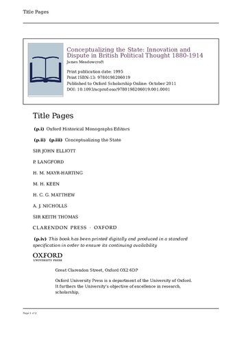 Conceptualizing the State: Innovation and Dispute in British Political Thought 1880-1914
