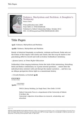 Violence, Martyrdom, and Partition: A Daughter's Testimony