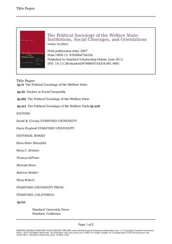 The Political Sociology of the Welfare State: Institutions, Social Cleavages, and Orientations (Studies in Social Inequality)