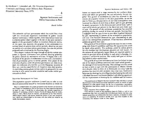 Squatter Settlements and Policy Innovation in Peru