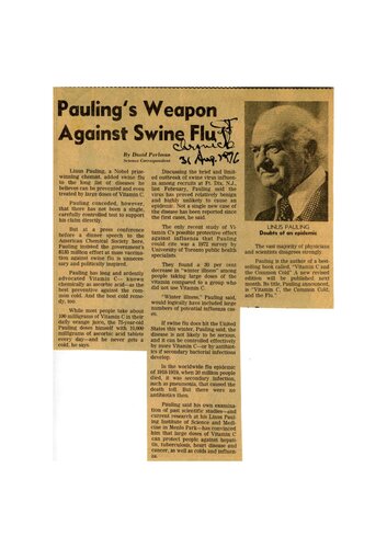 Orthomolecular Medicine : Professor Linus Pauling : Vitamin C against Swine Flu Influenza Covid (August 1976) - vitamin c and common cold - how to live longer feel better