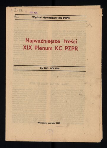 Najważniejsze treści XIX Plenum KC PZPR