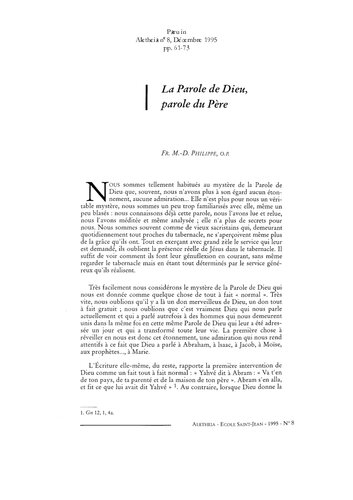 La Parole de Dieu, parole du Père