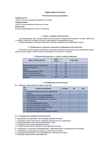 Адаптивная оптика. Рабочая программа дисциплины