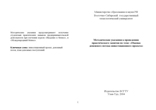 Методические указания к проведению практического занятия по теме: ''Оценка денежного потока инвестиционного проекта''