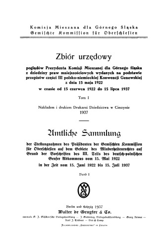 Amtliche Sammlung von Entscheidungen des Schiedsgericht für Oberschlesien: Tom 1/ Band 1 1937