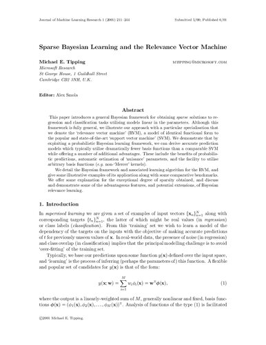Sparse Bayesian Learning and the Relevance Vector Machine