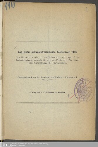 Aus einem südwestafrikanischen Feldlazarett 1905