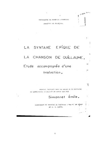 La Syntaxe épique de la Chanson de Guillaume : Etude accompagnée d'une traduction