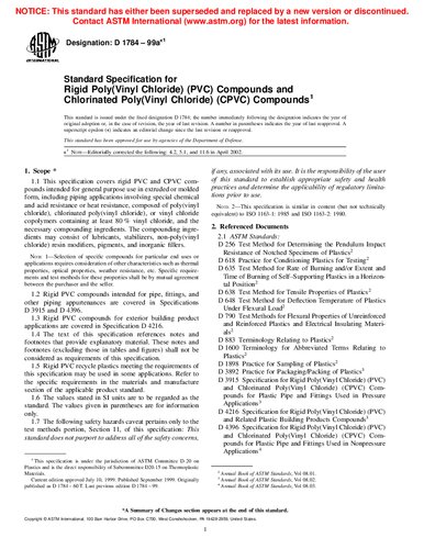 ASTM D1784-99A Standard Specification for Rigid Poly(Vinyl Chloride) (PVC) Compounds and Chlorinated Poly(Vinyl Chloride) (CPVC) Compounds