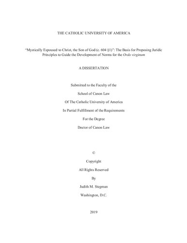 “Mystically Espoused to Christ, the Son of God (c. 604 §1)”: The Basis for Proposing Juridic Principles to Guide the Development of Norms for the Ordo virginum